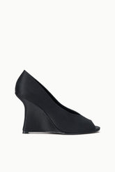 BRIGITTE PEEP TOE WEDGE | BLACK SATIN
