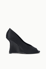 BRIGITTE PEEP TOE WEDGE | BLACK SATIN