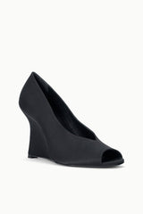 BRIGITTE PEEP TOE WEDGE | BLACK SATIN